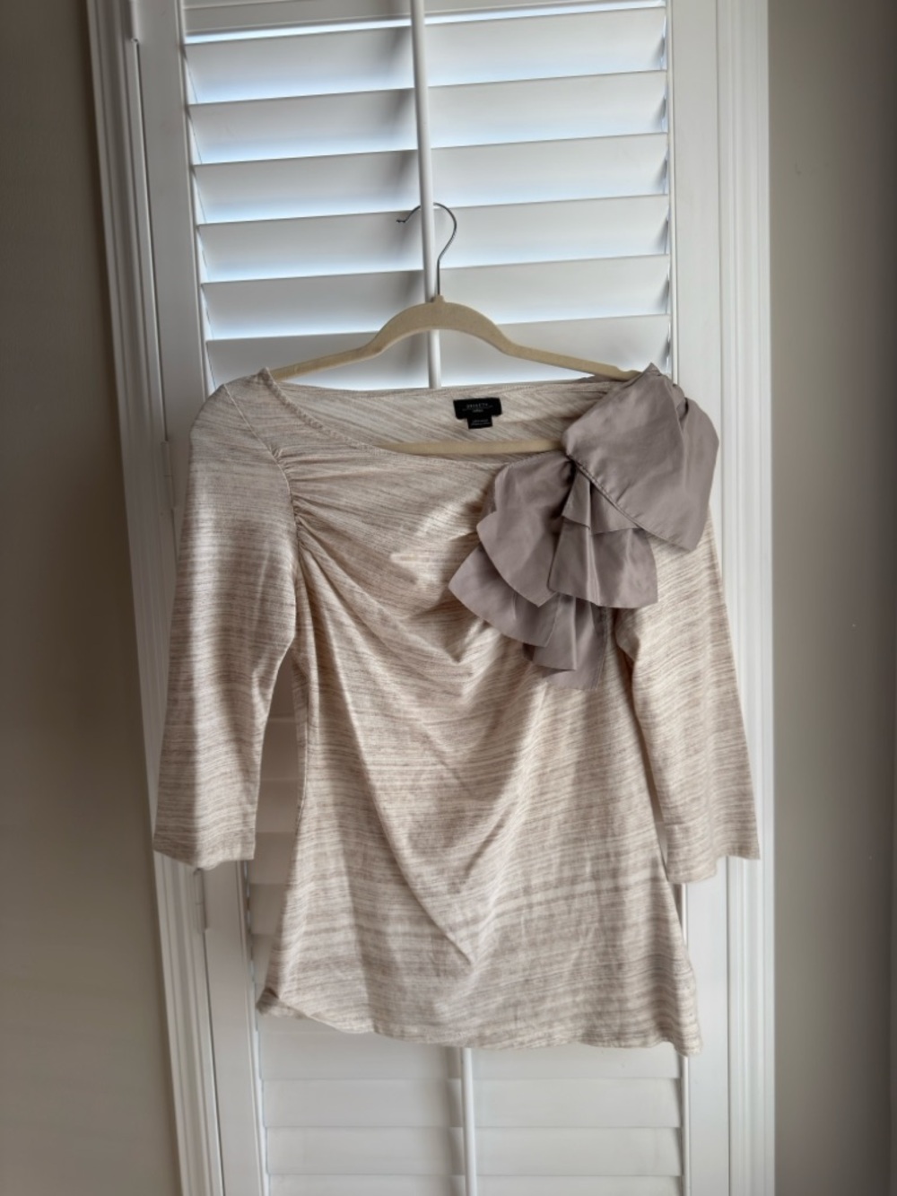 ANTHROPOLOGIE Deletta Cream Striped Long-Sleeve Top with Ruffle Accent Size M